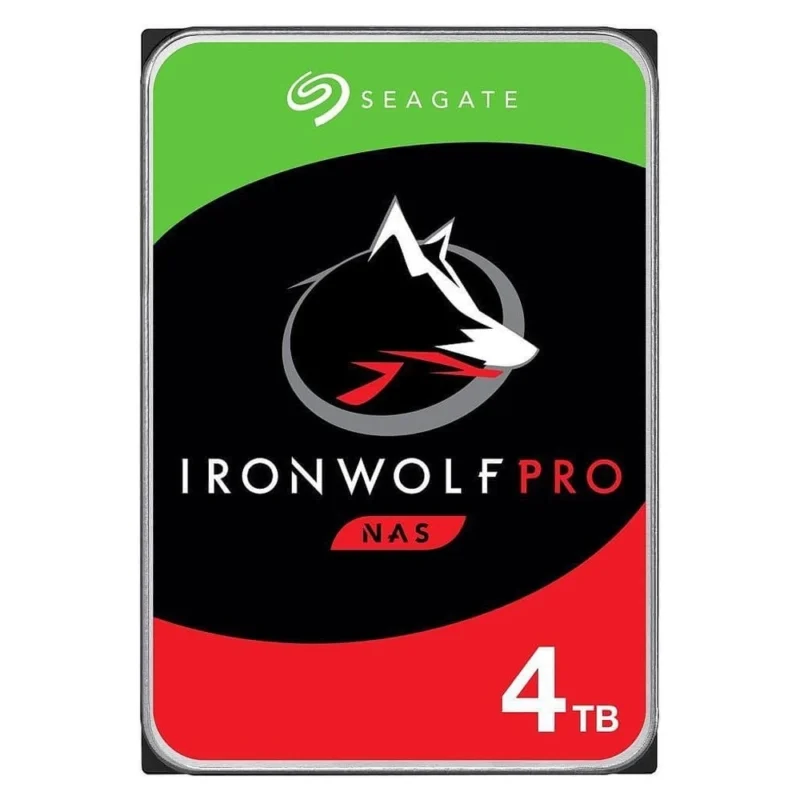 A direct front view of the Seagate IronWolf Pro 4TB standing upright, showing the full height and label.