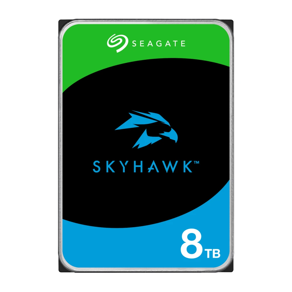 A direct front view of the Seagate SkyHawk 8TB standing upright, showing the full height and label.