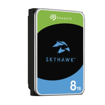 A direct left side view of the Seagate SkyHawk 8TB standing upright, highlighting its mounting points.