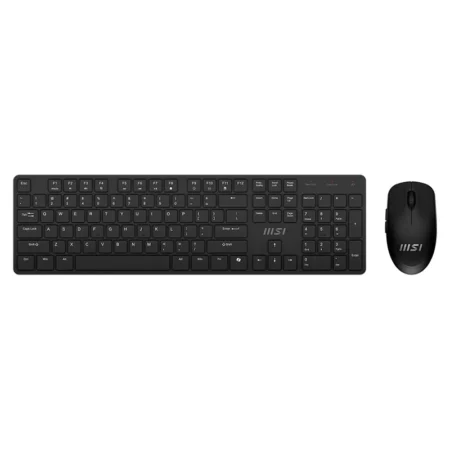 A straight top-down hero shot showing the full layout of the MSI FORGE K200 Wireless Keyboard & Mouse Combo in Black