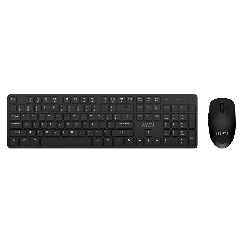 A straight top-down hero shot showing the full layout of the MSI FORGE K200 Wireless Keyboard & Mouse Combo in Black
