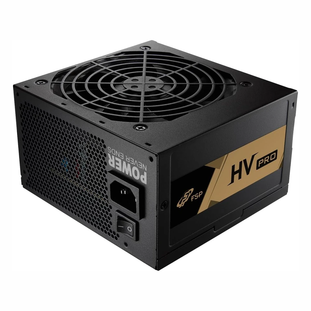 Top-down angle of the FSP HV PRO 550W PSU, highlighting the fan grille and rear power switch.