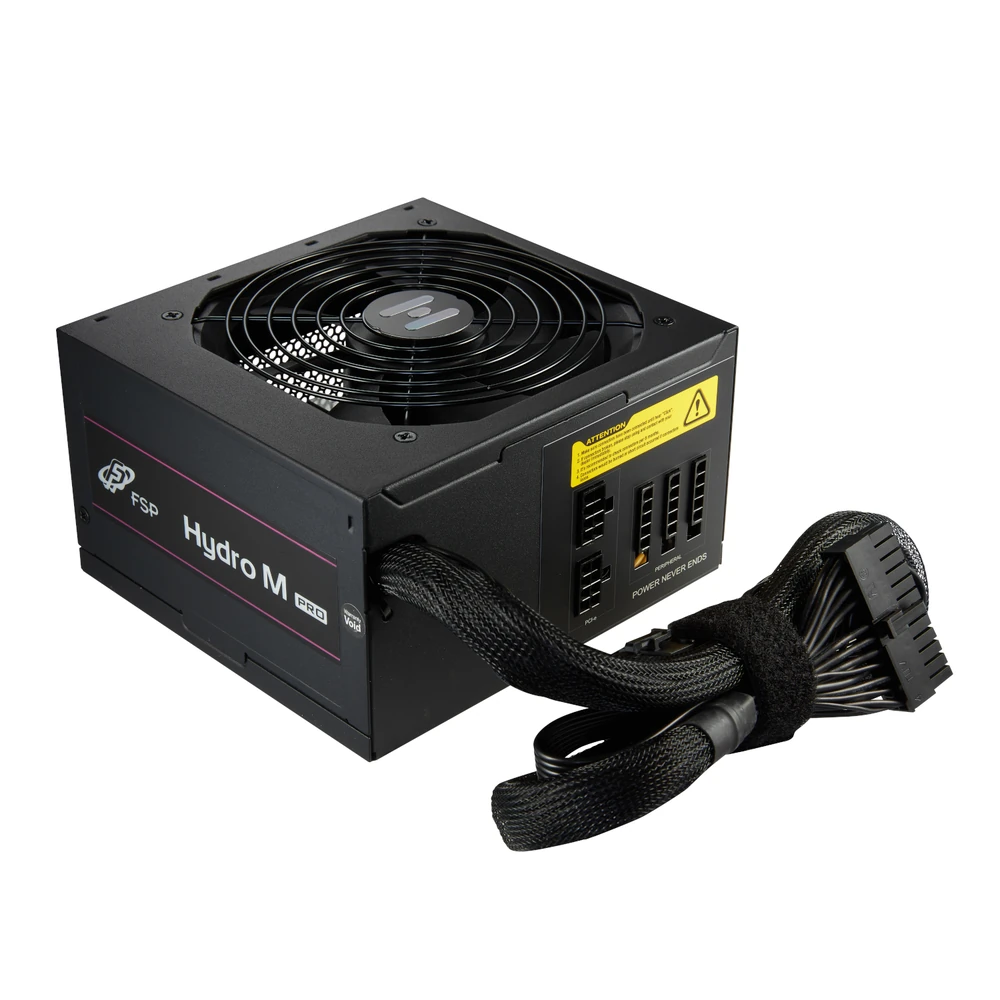 An angled shot of the FSP Hydro M PRO 800W focusing on the front semi-modular cable interface.