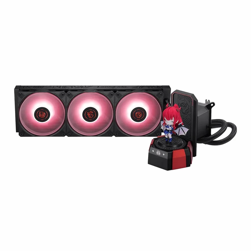 The MSI CORELIQUID A17 MLG EDITION arranged with the radiator standing vertically to showcase the ARGB fans, with the display pump head positioned to the left.