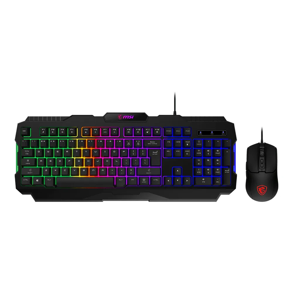 A straight top-down hero shot showing the full layout of the MSI FORGE GK100 Wired RGB Keyboard & Mouse Combo in Black