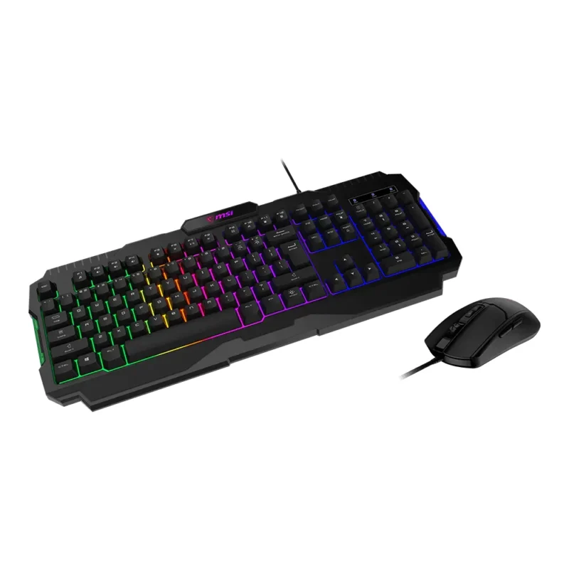 A dynamic left-angle shot capturing both the keyboard and mouse of the MSI FORGE GK100 Wired RGB Combo in Black