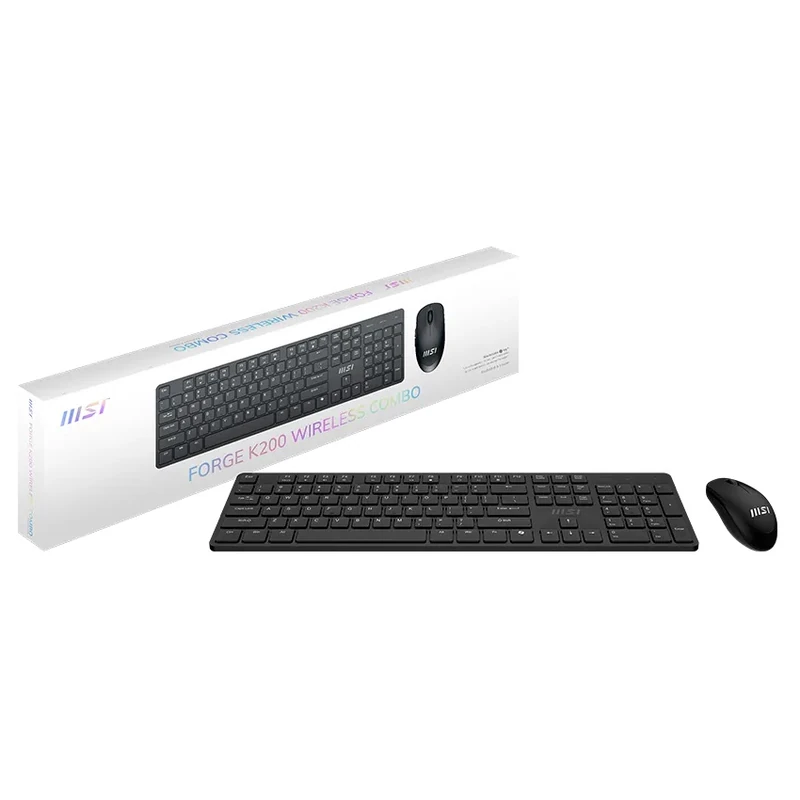 Front view of the official retail packaging box for the MSI FORGE K200 Wireless Keyboard & Mouse Combo in Black