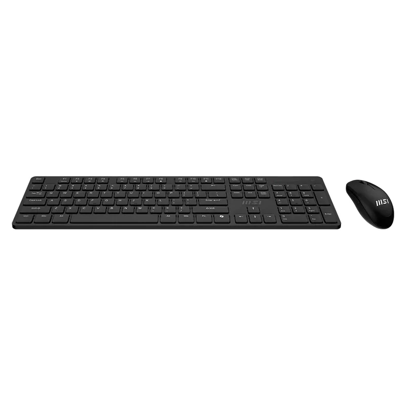 A straight top-down hero shot focusing on the full layout of the scissor-switch keyboard included in the MSI FORGE K200 Wireless Combo in Black