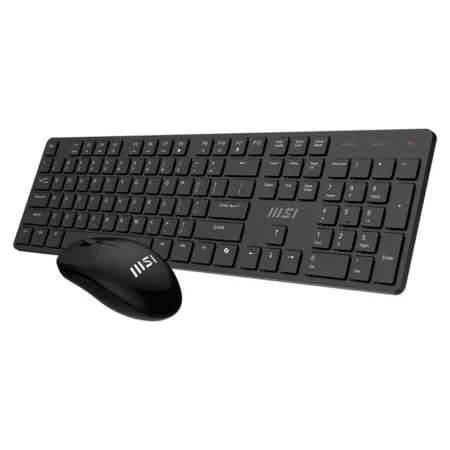 A dynamic right-angle shot capturing both the keyboard and mouse of the MSI FORGE K200 Wireless Combo in Black