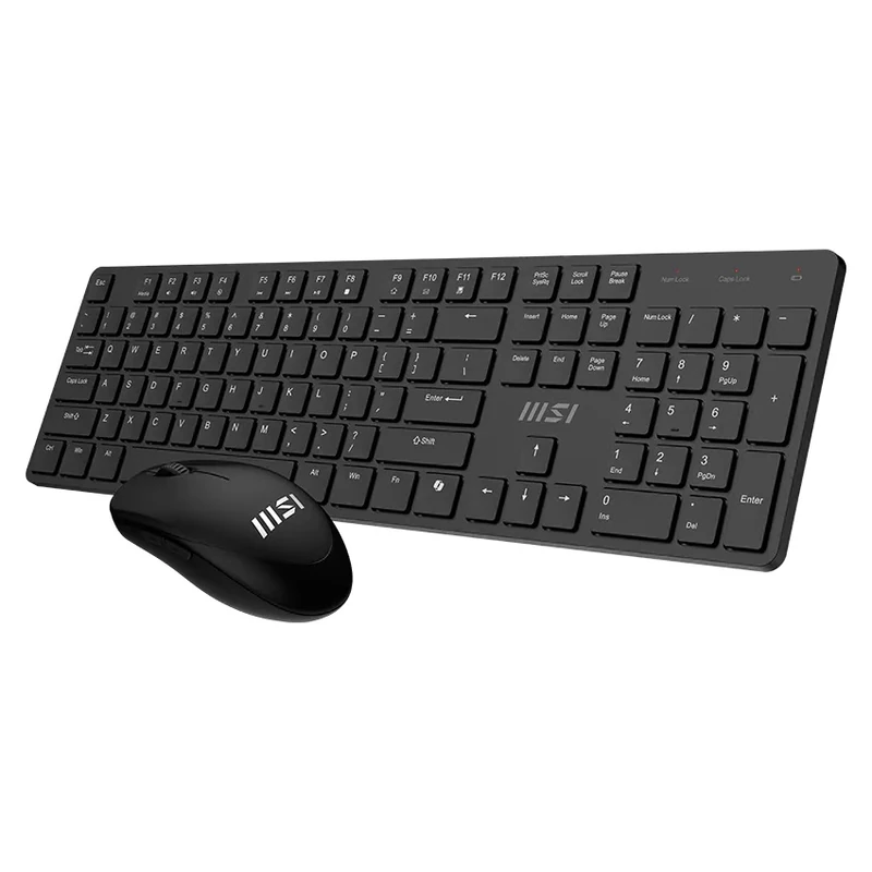 A dynamic right-angle shot capturing both the keyboard and mouse of the MSI FORGE K200 Wireless Combo in Black