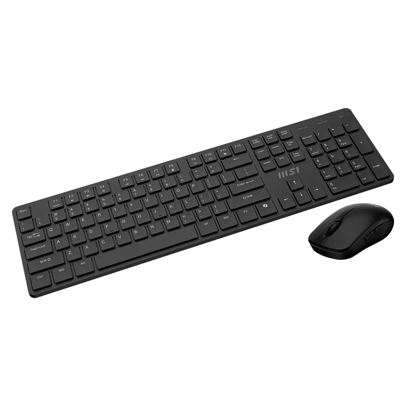 A dynamic left-angle shot capturing both the keyboard and mouse of the MSI FORGE K200 Wireless Combo in Black
