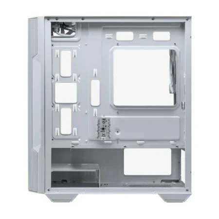 Direct side view of the MSI MAG FORGE M100R with the cable management panel removed, revealing the 1-to-6 ARGB controller.