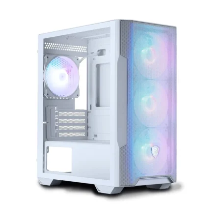 A hero shot of the white MSI MAG FORGE M100R Micro-ATX PC Case on a clean background.