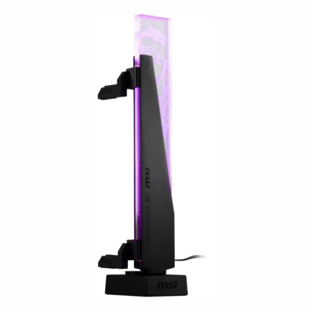 A left-angled facing view of the MSI MPG ARGB Graphics Card Stand highlighting the etched dragon logo on the tempered glass pillar.