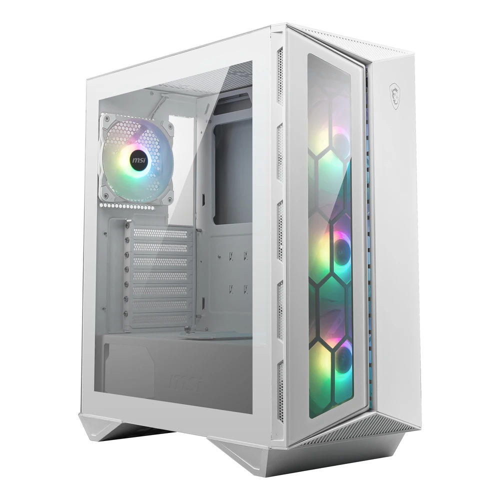 Another front angle view of the MPG GUNGNIR 110R in white, highlighting its unique half-glass half-mesh anterior panel.