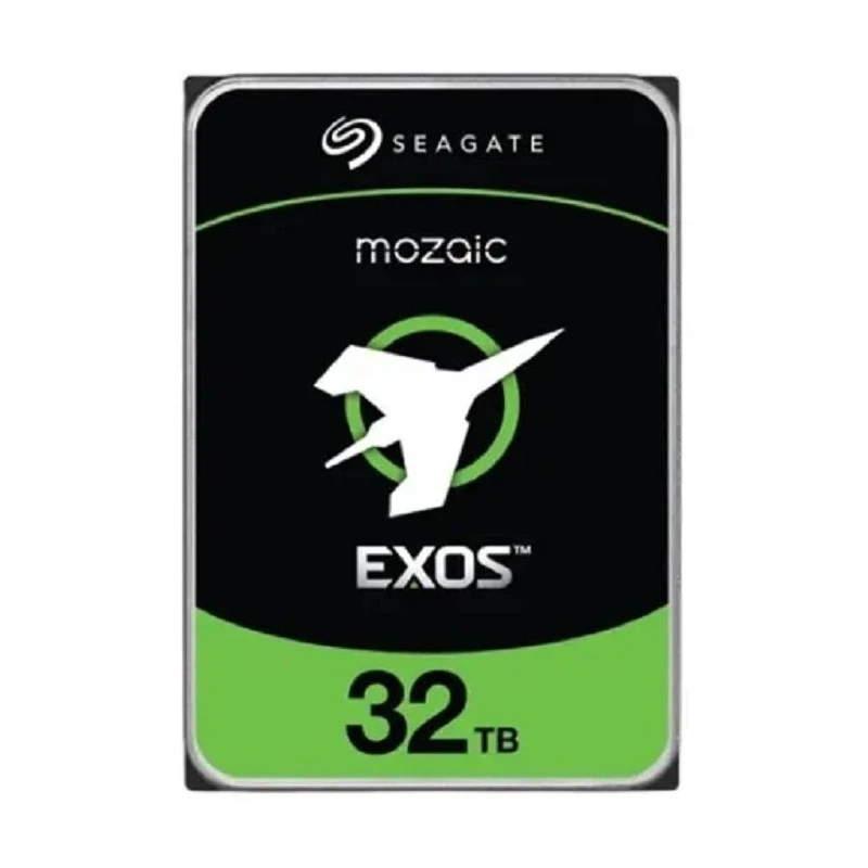 A direct front view of the Seagate Exos 32TB standing upright, showing the full height and label.