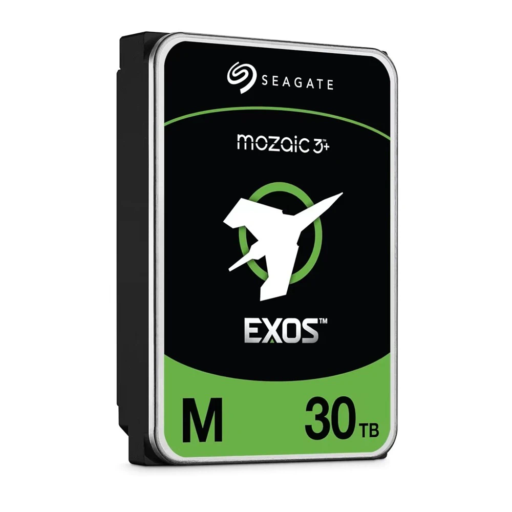 A direct left side view of the Seagate Exos M 30TB standing upright, highlighting its mounting points.