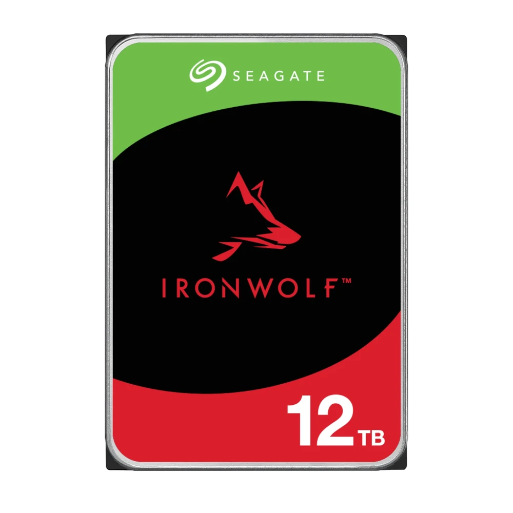 A direct front view of the Seagate IronWolf Pro 12TB standing upright, showing the full height and label.
