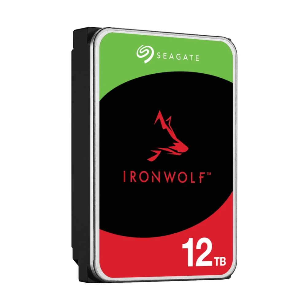 A direct left side view of the Seagate IronWolf Pro 12TB standing upright, highlighting its mounting points.