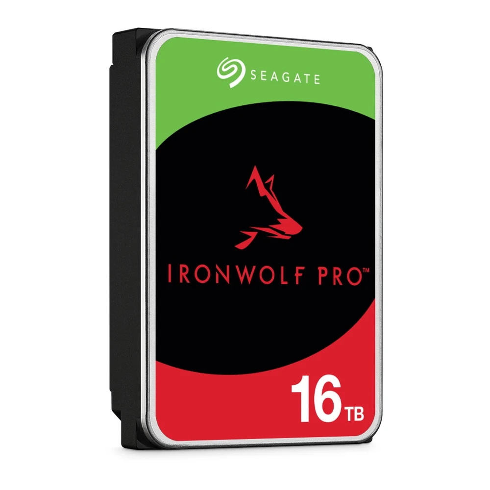 A direct left side view of the Seagate IronWolf Pro 16TB standing upright, highlighting its mounting points.