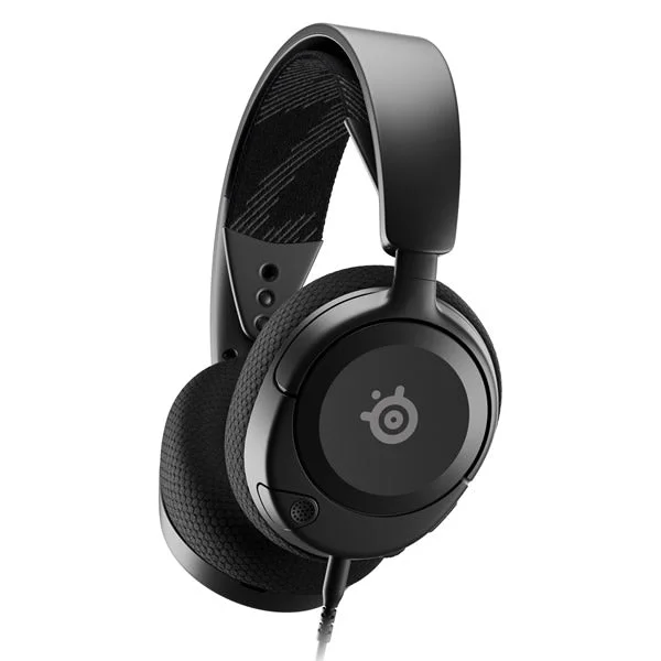 A three-quarter hero shot of the SteelSeries Arctis Nova 1 Wired Gaming Headset from the left, showcasing its sleek black design and AirWeave earcups.