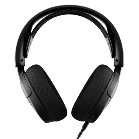 straight-on front view of the SteelSeries Arctis Nova 1 Wired Gaming Headset, showing the stretchy suspension band designed to distribute weight evenly.
