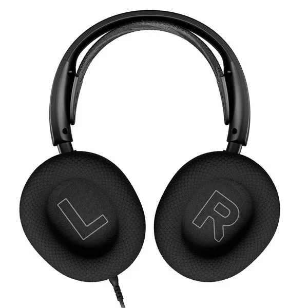 The SteelSeries Arctis Nova 1 Gaming Headset lying flat and viewed from the front, showcasing both fully rotating earcups in the foreground.