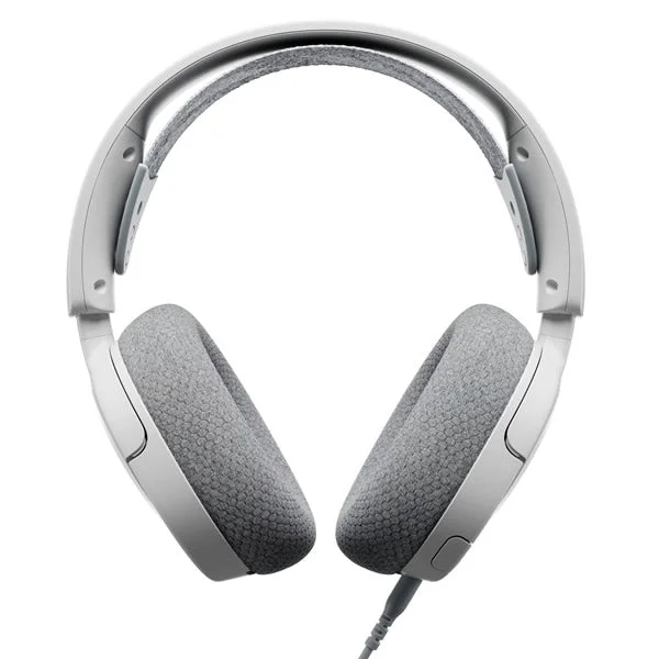 A straight-on front view of the SteelSeries Arctis Nova 1 Wired Gaming Headset, showing the stretchy suspension band designed to distribute weight evenly.