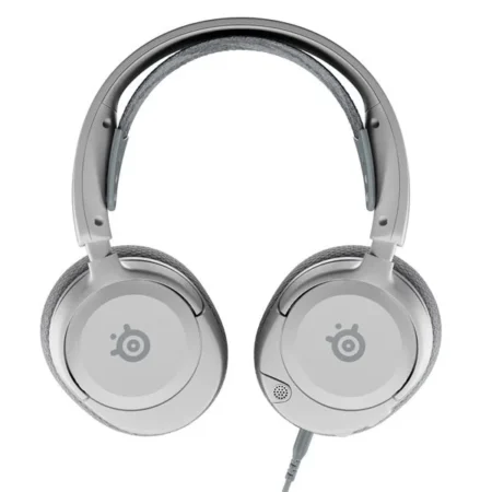 The White SteelSeries Arctis Nova 1 Gaming Headset lying on its side with earcups rotated flat, demonstrating its travel-friendly design.