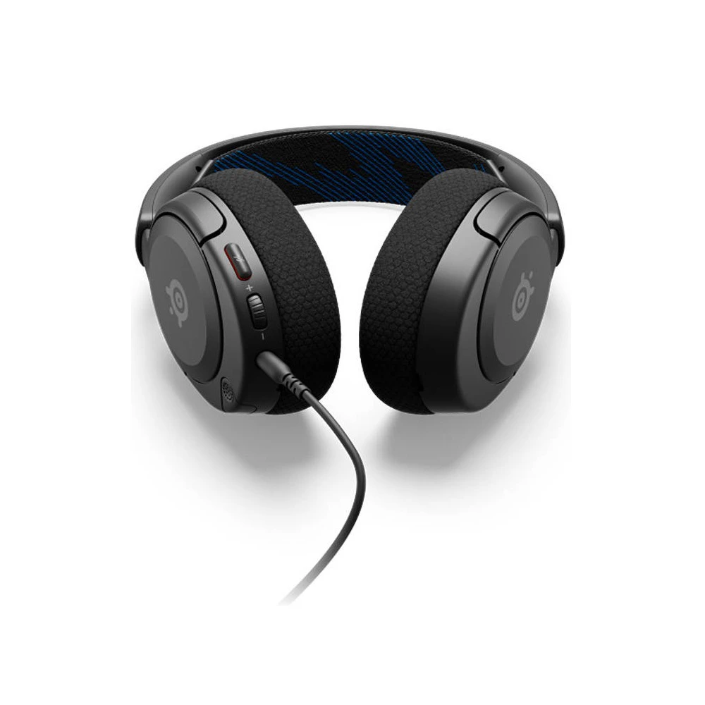 A close-up of the convenient on-ear controls on the SteelSeries Arctis Nova 1P, featuring the volume dial and microphone mute button.